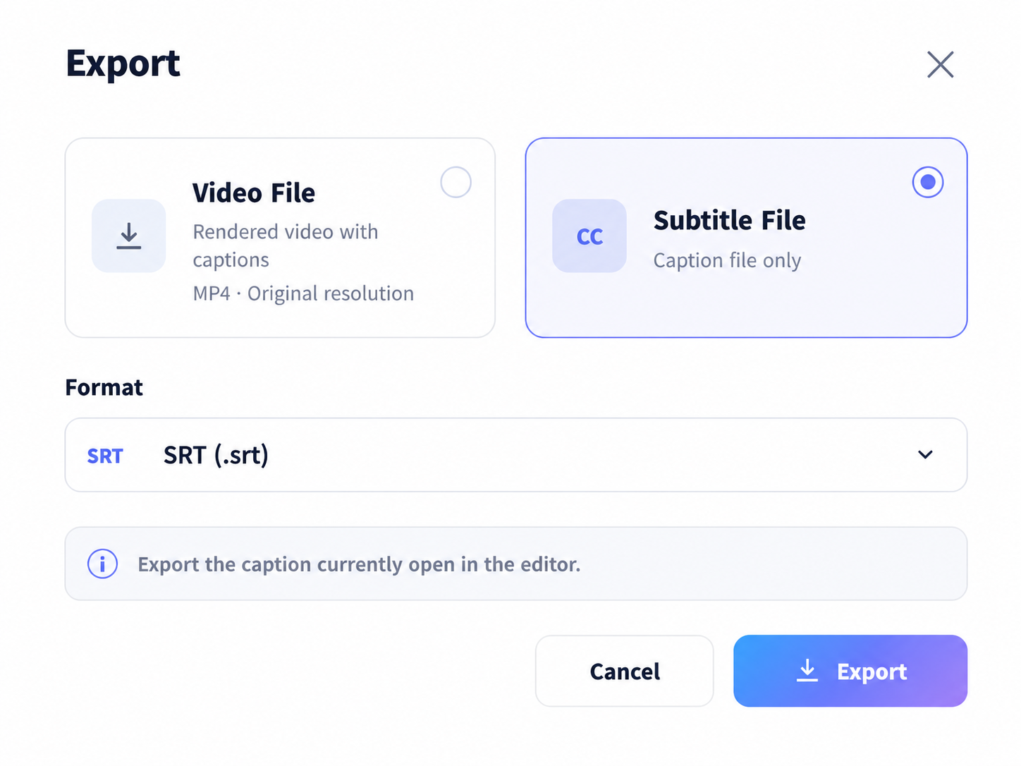 Export dialog with rendered video and subtitle file options