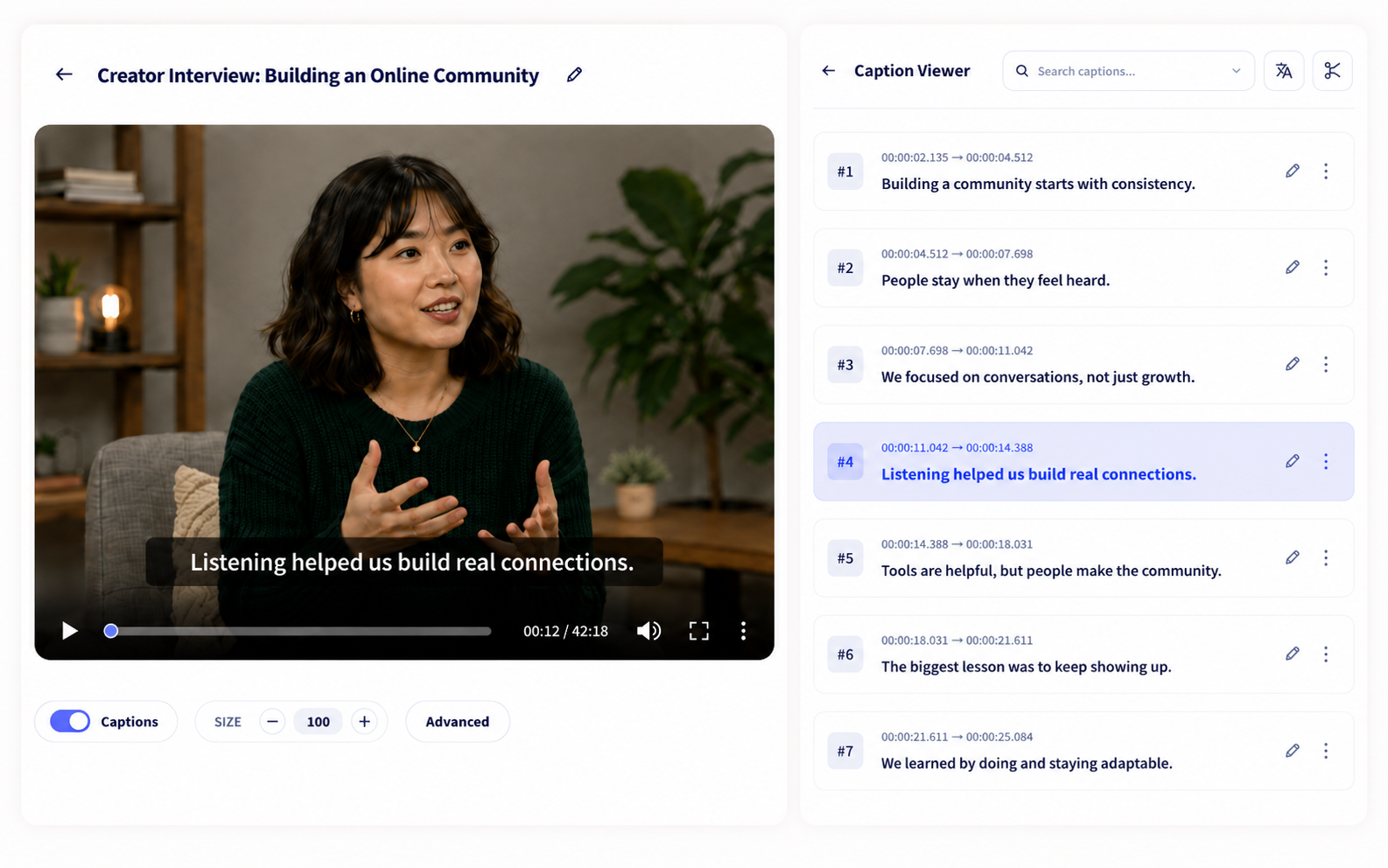 Generated timed captions open beside a video preview in Captionate