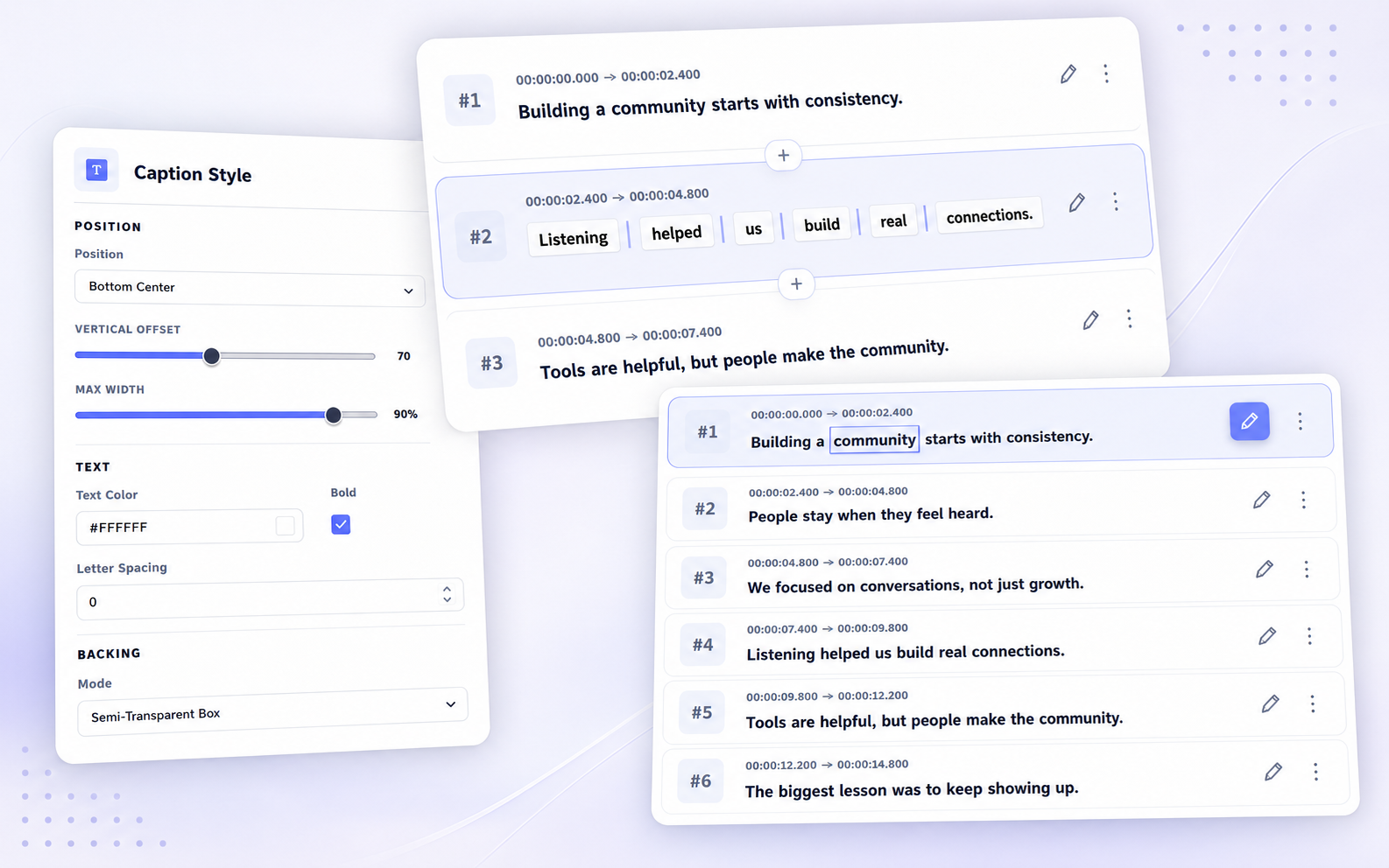 Caption text editing, segment splitting and merging, and subtitle style controls