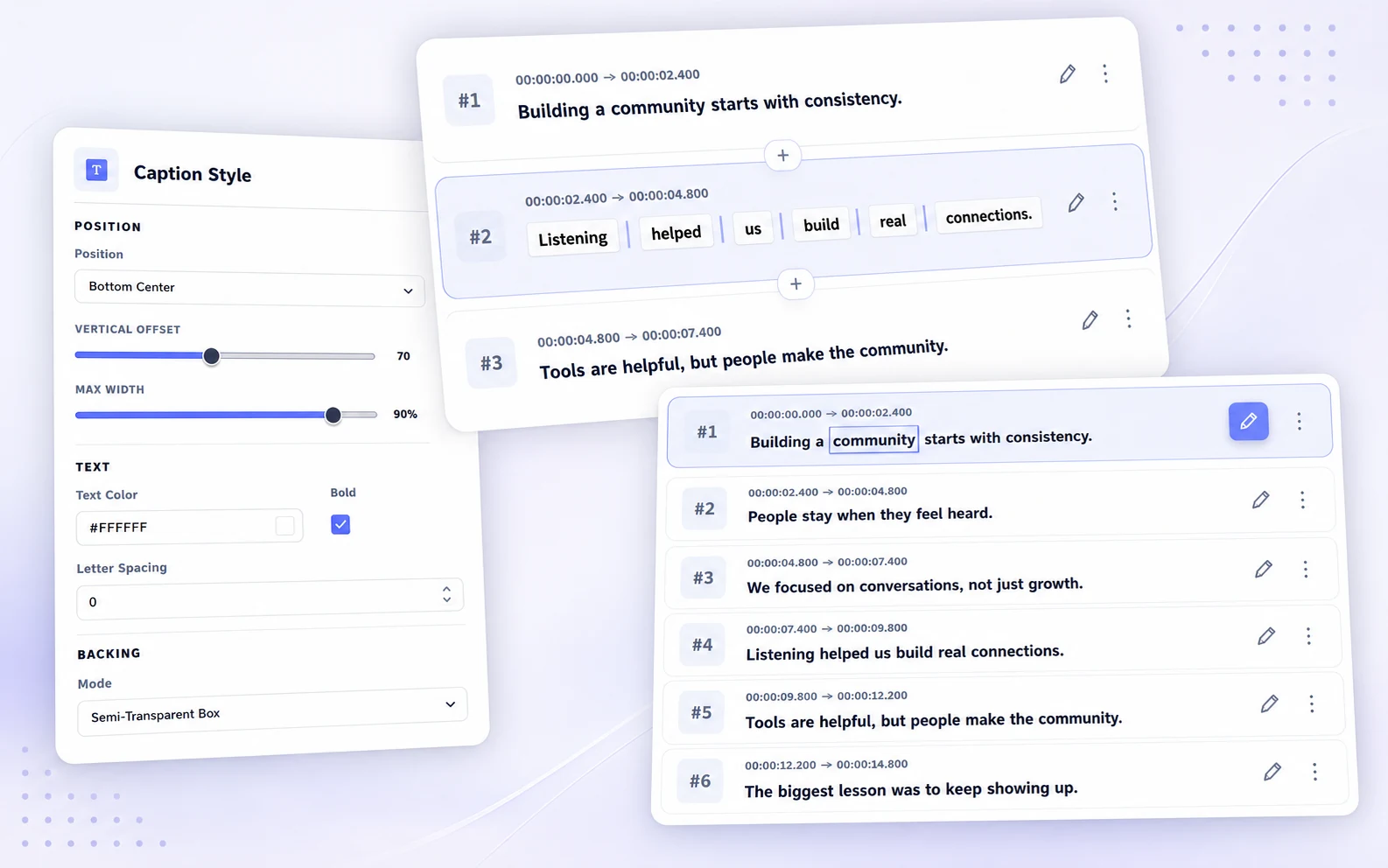 Caption text editing, segment splitting and merging, and subtitle style controls