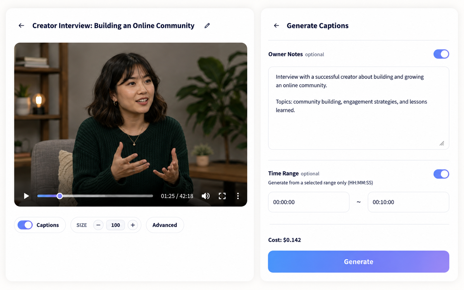 Video selected with caption generation notes and time range settings