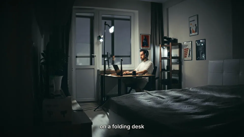 A person working at a small apartment desk at night